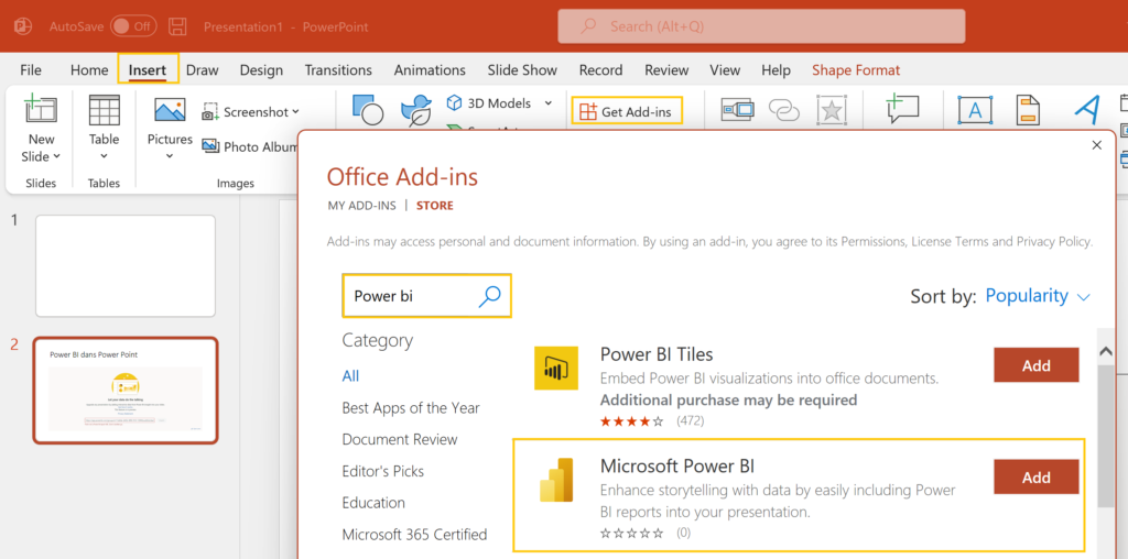 add in power bi dans powerpoint installation