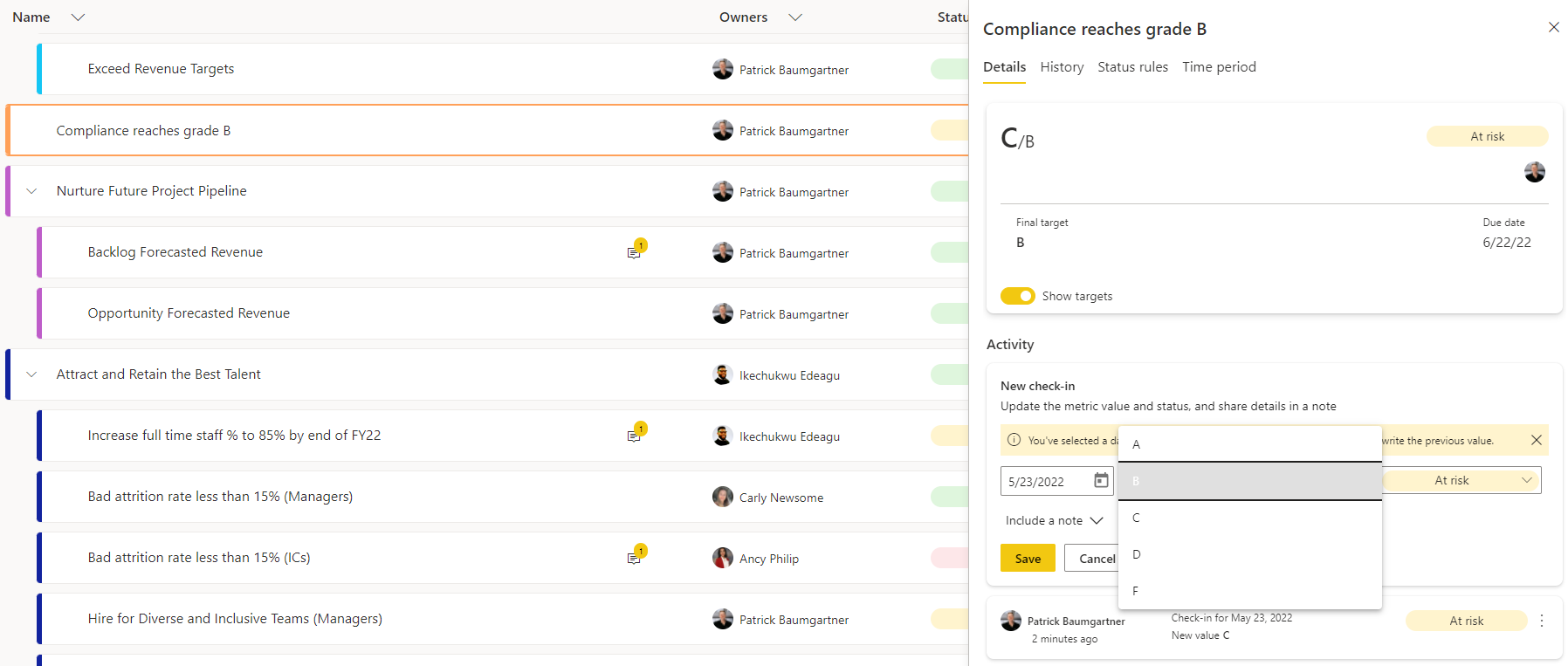 power bi scorecard metric